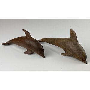 Vintage Handcrafted Ironwood Pair of Dolphins Sculptures Figurines 12in Solid DJ